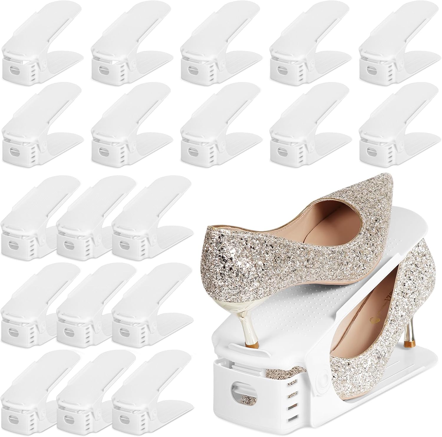 TOPNEW 20 Pack Shoe Slots Organizer Shoe Stacker for a Pair of Shoes 4 Levels Adjustable 50% Shoe Space Saver Double Layer Shoe Rack Organizer for Closet (White)