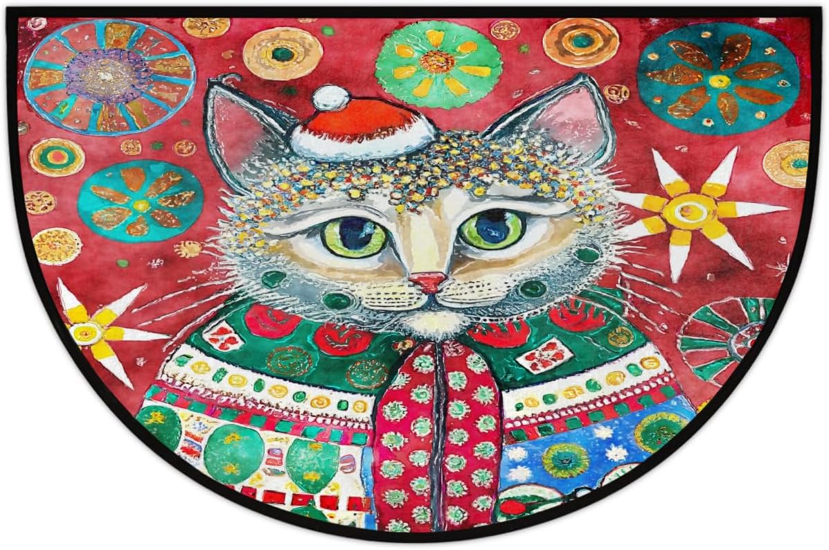 Half Round Door Mat Cartoon Cat Christmas Non-Slip Soft Semi Circle Rug Washable Half Moon Welcome Entrance Doormat for Outdoor Indoor Floor Bedroom Bathroom Home Kitchen Festival Decor Gift
