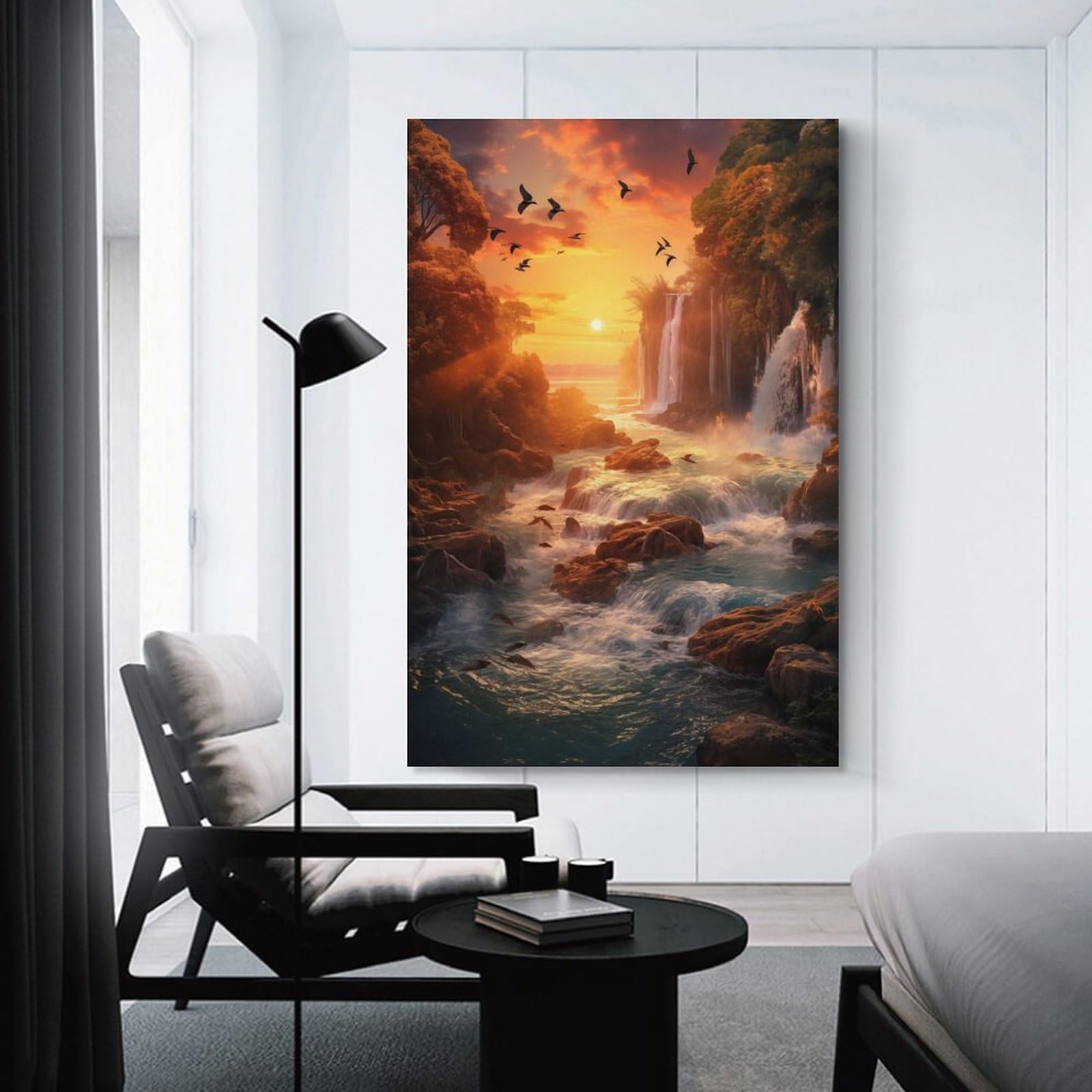 Junmoney Waterfall in Sunset Wall Decor Canvas Print 20x30inch(50x75cm), for Lounge, Study, Hallway Or Flat Walls, Decorative Artwork with Broad Appeal