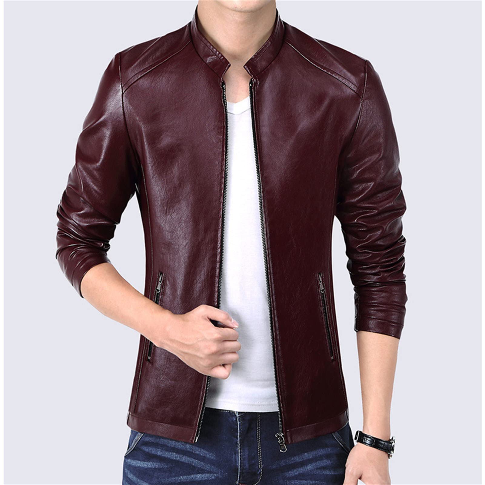 Maiyifu-GJ Men Casual Faux Leather Biker Jacket Stylish Stand Collar Bomber Jackets PU Leather Lightweight Motorcycle Coats (Red Wine,3X-Large)