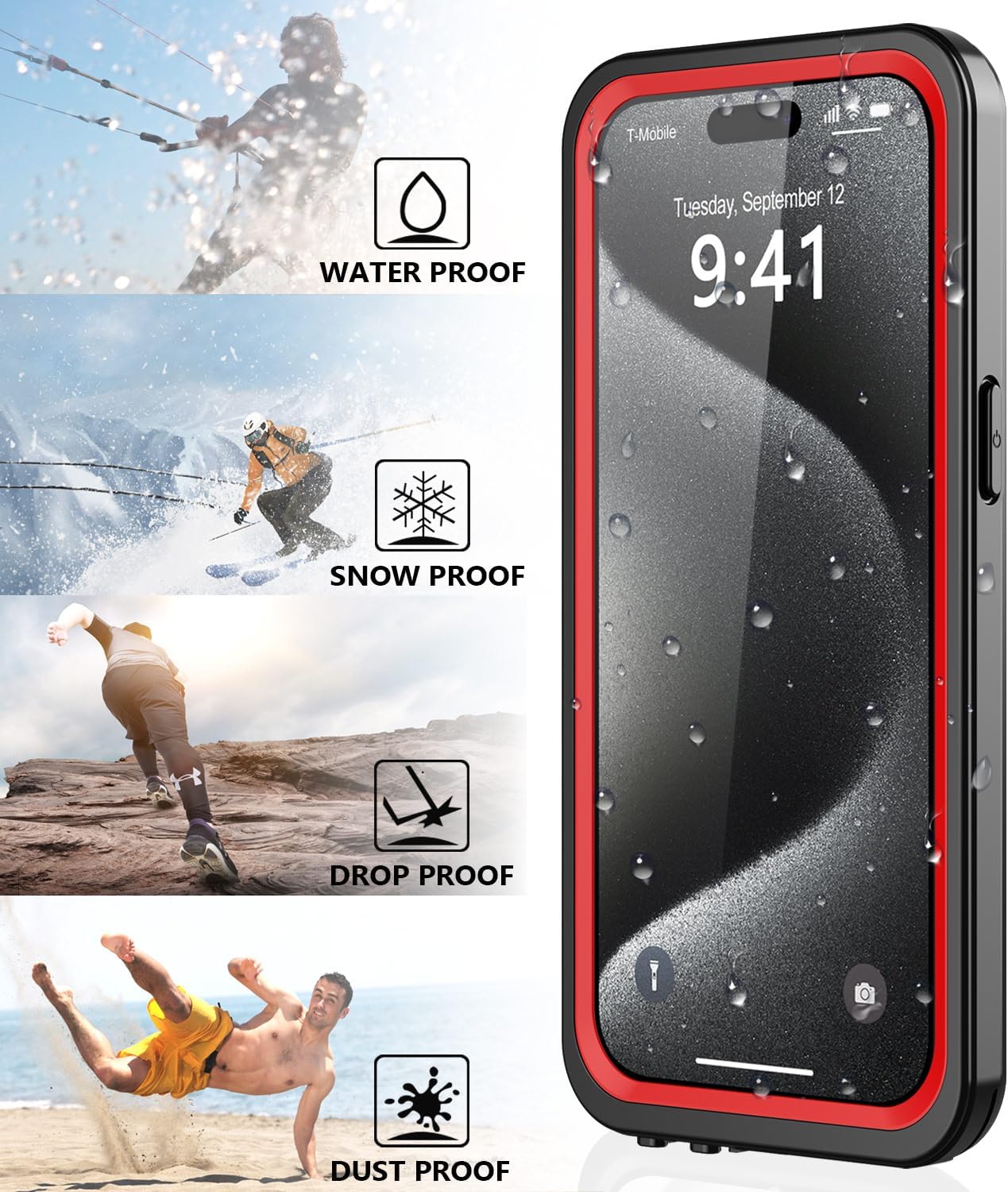 for iPhone 15 Pro Case Waterproof, Built-in Screen Protection [IP68 Underwater][Military Shockproof][Dustproof] 360° Full Body Protective Phone Case for iPhone 15 Pro 6.1"(Red)