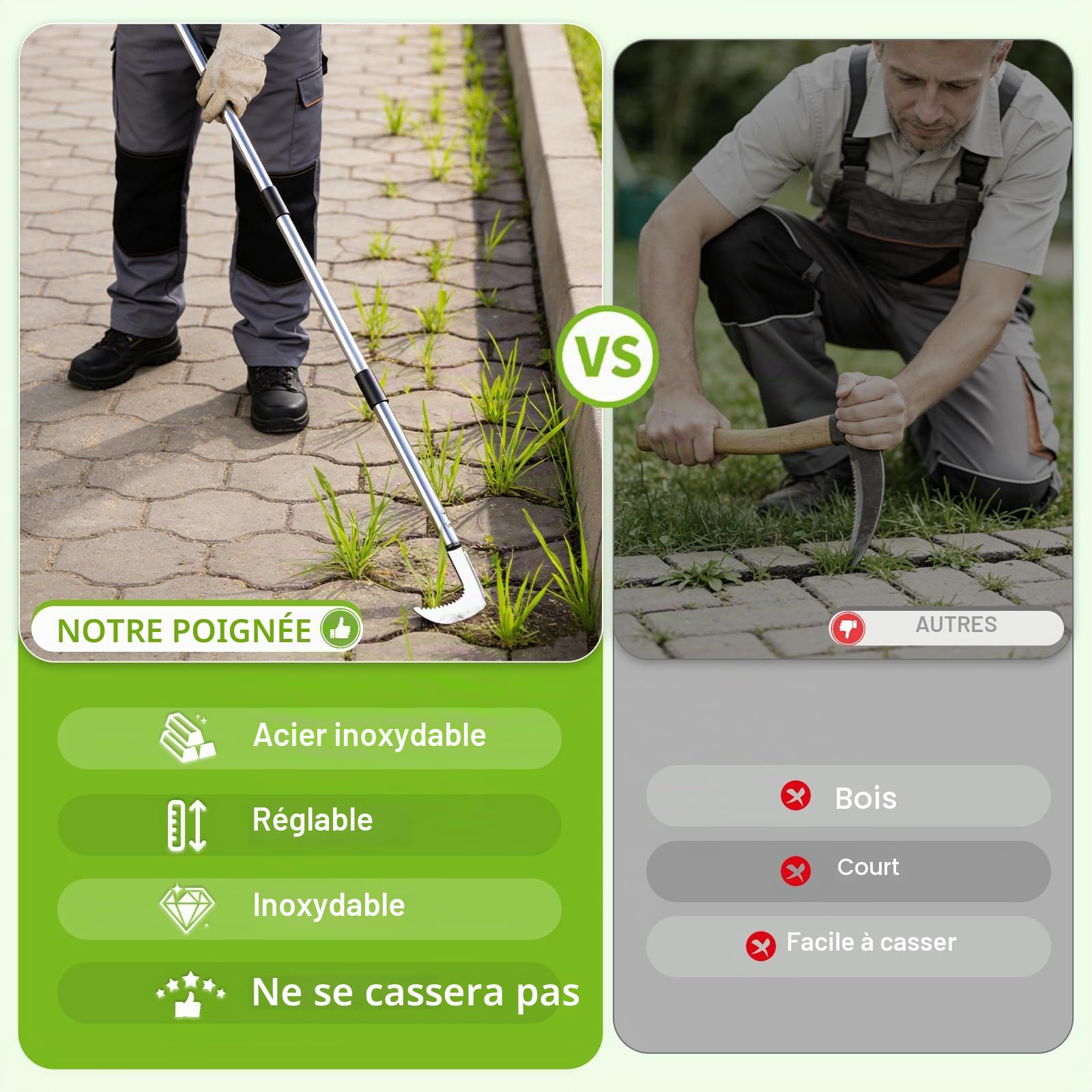 Couteau désherbeur Manuel – Désherbeur pour Pavés et Terrasses, Manche Réglable 145cm avec Lame Dentelée en L et Brosse, Pour cour, pelouse, terrasse, jardin, désherbeur Ergonomique