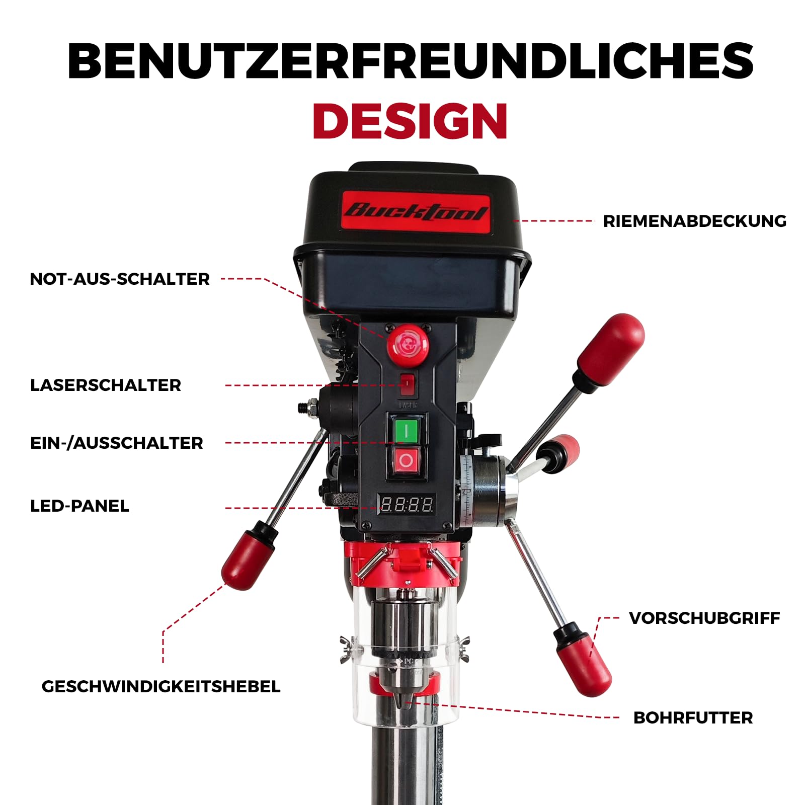 Bucktool 305 mm Tischbohrmaschine, 750 W Induktionsmotor, variable Drehzahl 440–2580 U/min, Säulenbohrmaschine mit Laser, Bohrtiefenanschlag und neigbarem Arbeitstisch für Metall, Holz und Kunststoff
