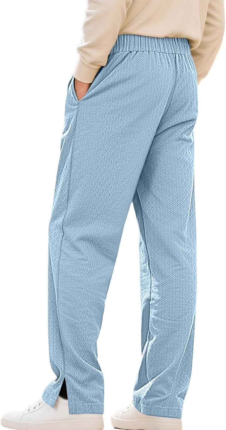 Men's Straight Leg Casual Pants with Split Hem, Elastic Waistband Drawstring, Lightweight Jacquard Knit Trousers