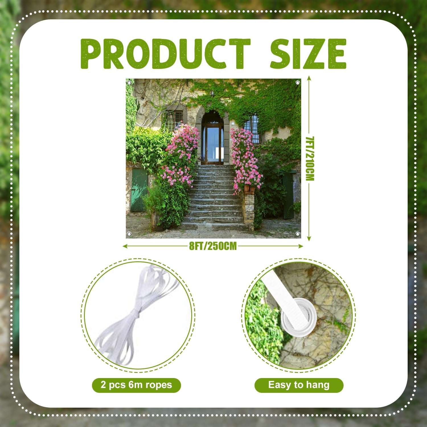 7x8ft Italian Street Garage Door Decor Stone Houses Beautiful Green Vines Pink Flowers Natural Landscape Garage Door Background Spring Kids Adult Party Decor Banner