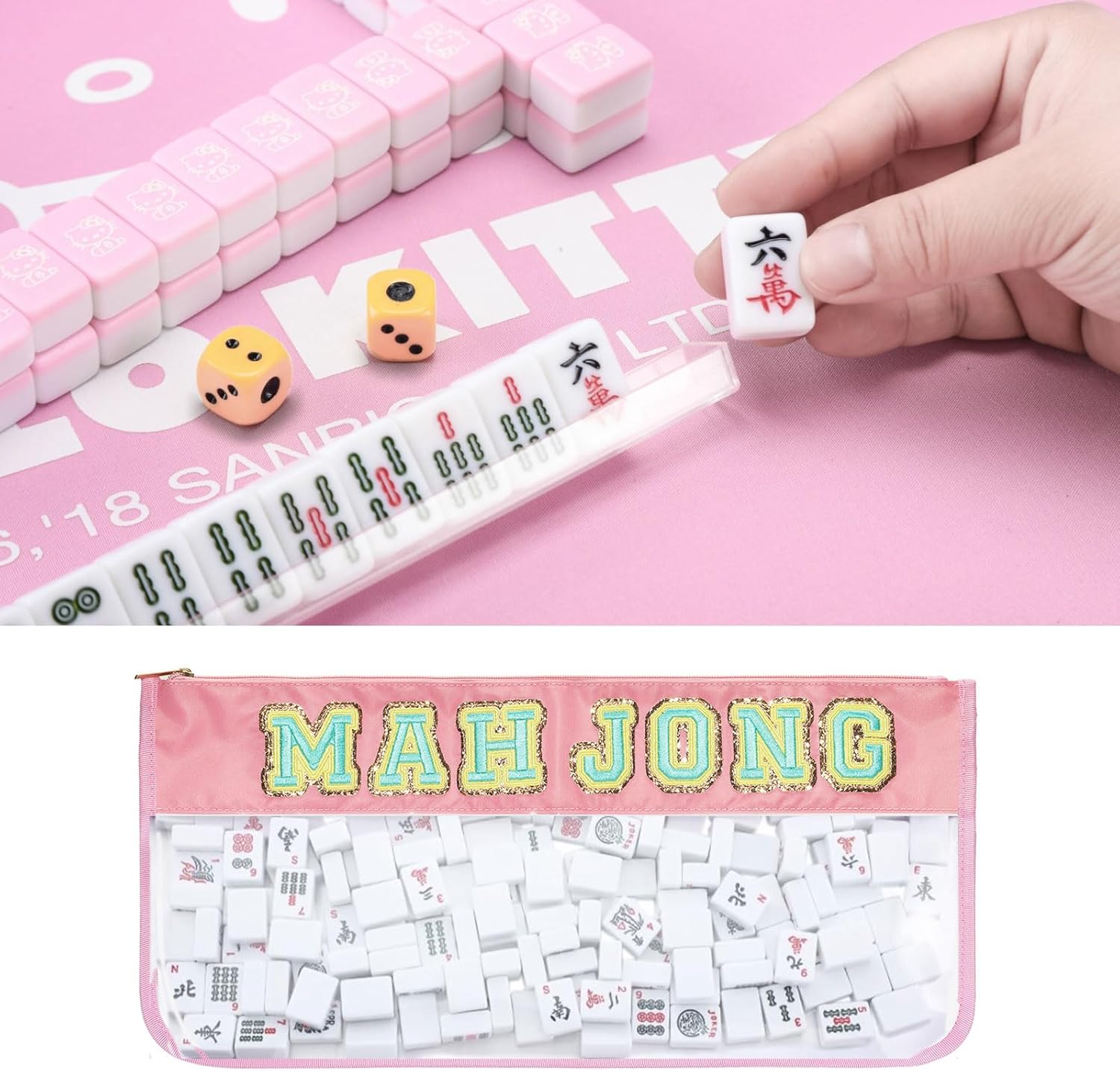 Mahjong Bag -Clear Waterproof Mahjong Tiles Bag with Shoulder Strap Zippered & Letters, Case Only (Pink)