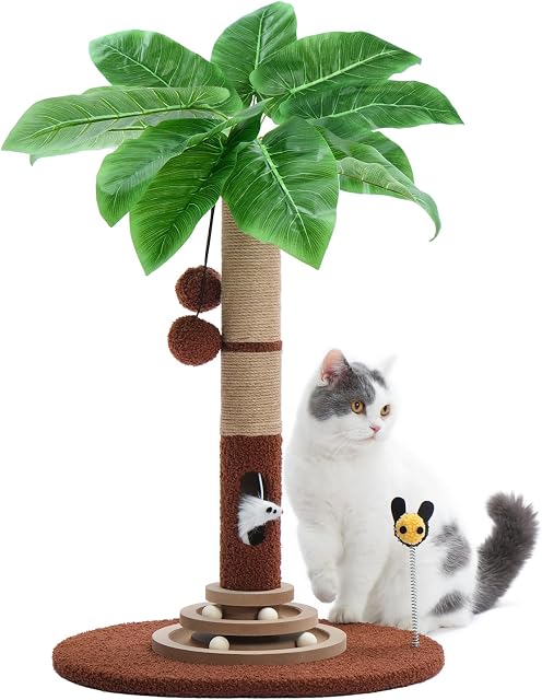 Made4Pets Cat Scratch Post with 4 Types of Interactive Cat Toys for Indoor Cats 27" Tall Sisal Rope Cat Scratcher Post for Kittens Cat Scratching Post with 2 Layer Wooden Ball & Rat Hole-Palm Tree(S)