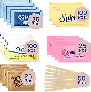 Assorted Sugar Packets for Coffee Station Gift Set, 325 Piece Individual Sugr and Sweetener Assortment Packets, Zero-Calorie and Cane Sugar Office Gifts with Individually Wrapped Coffee Stirrers