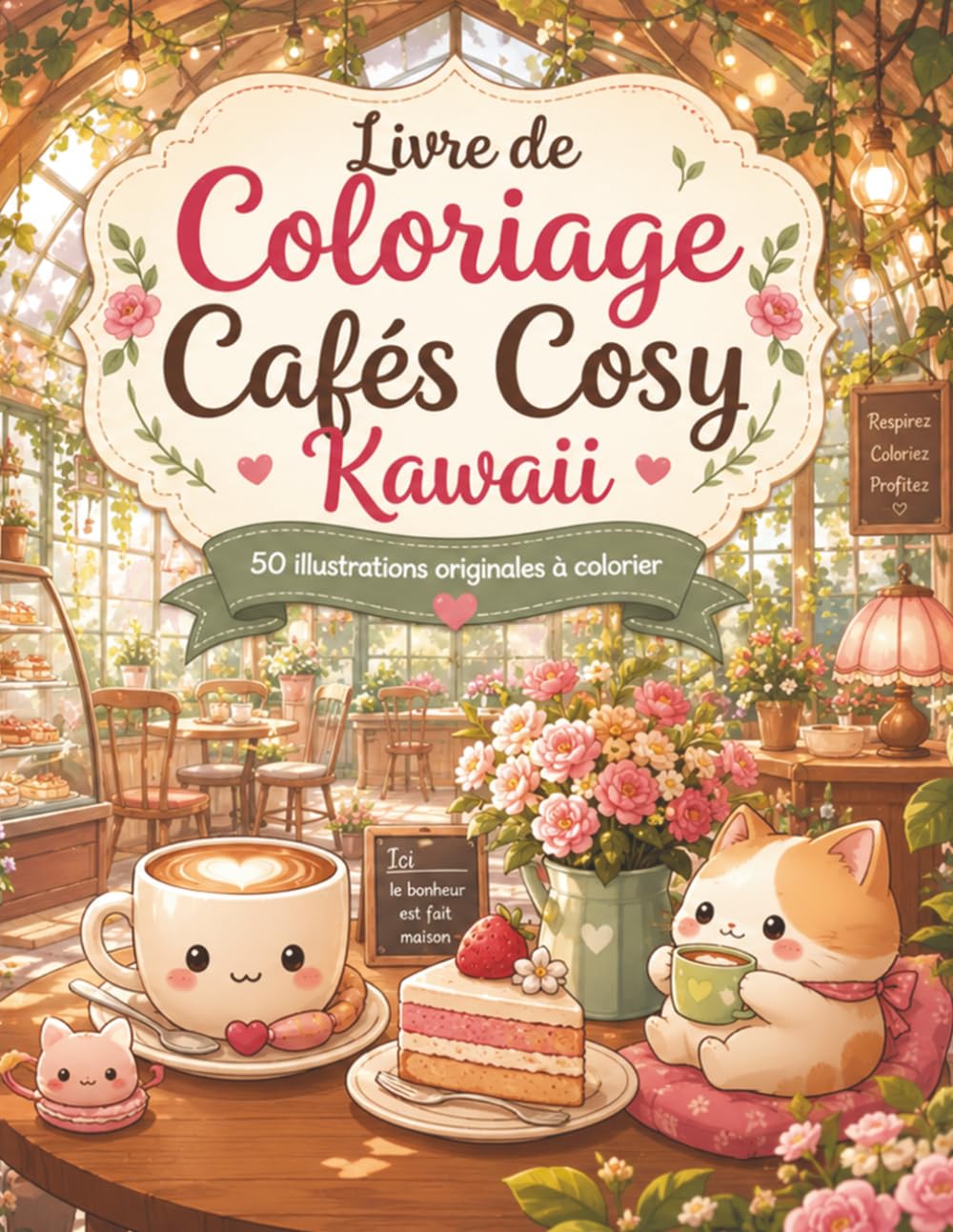 Livre de Coloriage Cafés Cosy Kawaii: 50 scènes fleuries et gourmandes à colorier pour adultes et ados — salons lumineux, douceurs et détente créative