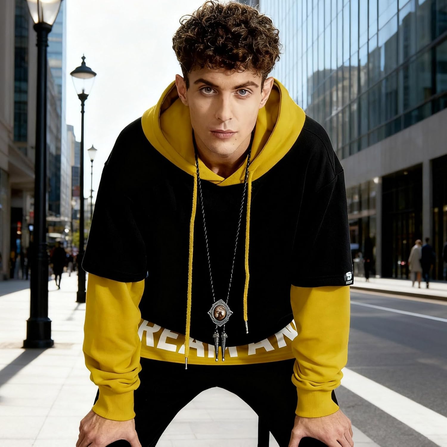 Mens Colorblock Hoodie Casual Patchwork Soft Cotton Pullover Letter Print japanese Hooded Sweatshirt with Design - Image 6