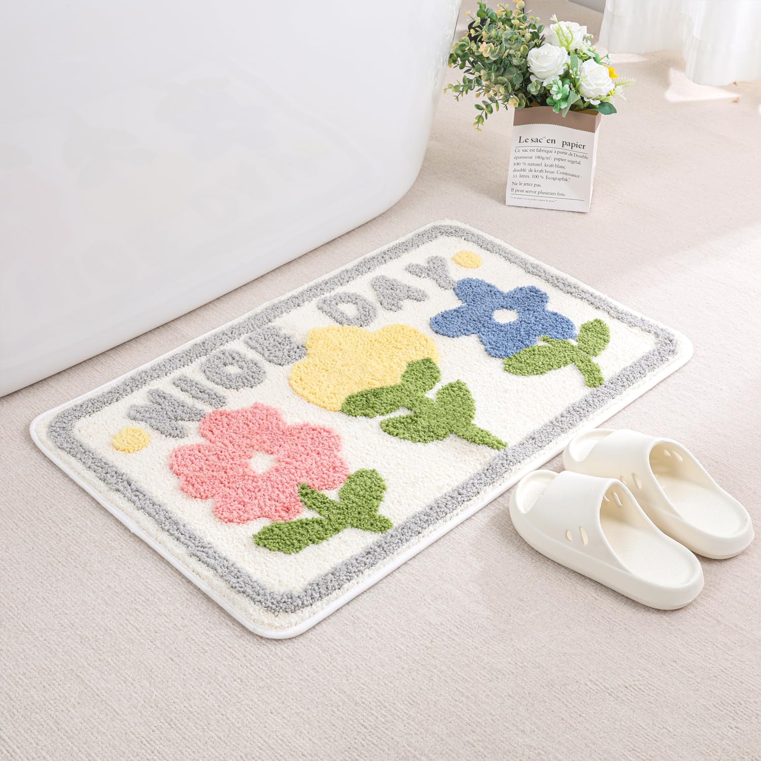 Absorbent Bath Rugs Mat - Extra Thick Bathroom Rug, Non-Slip Soft Plush Mat for Bathroom and Bedroom, Machine Washable, Nice Flowers, 20" x 31" (50 x 80 cm)