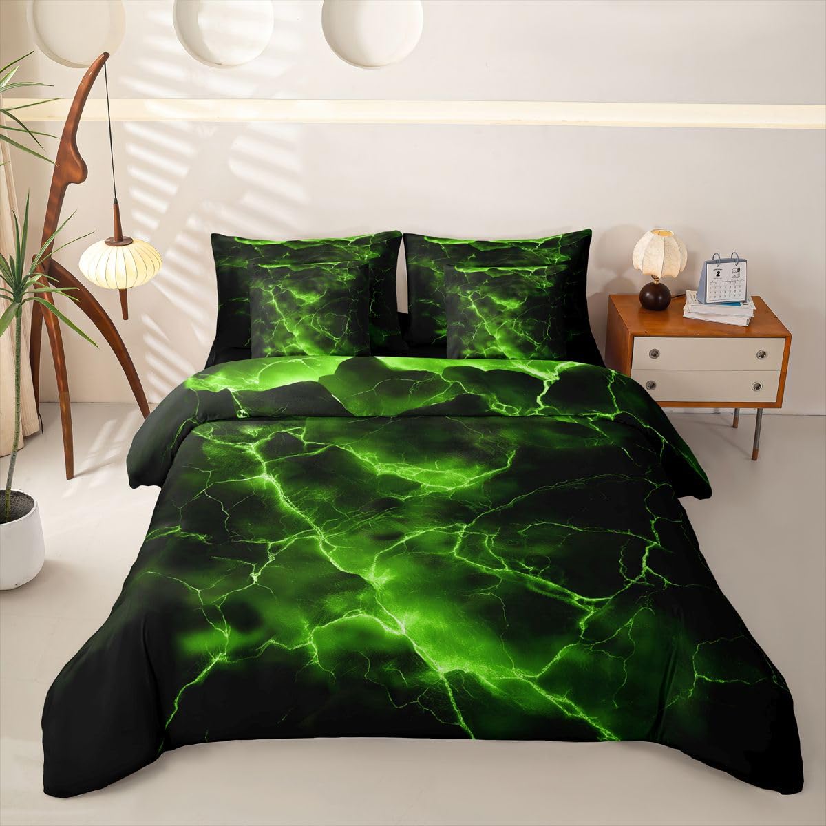 Loussiesd Juego de funda de edredón de 7 piezas para niños y niñas, color verde y negro, con funda de edredón, sábanas, fundas de almohada, fundas de cojín, color verde y negro