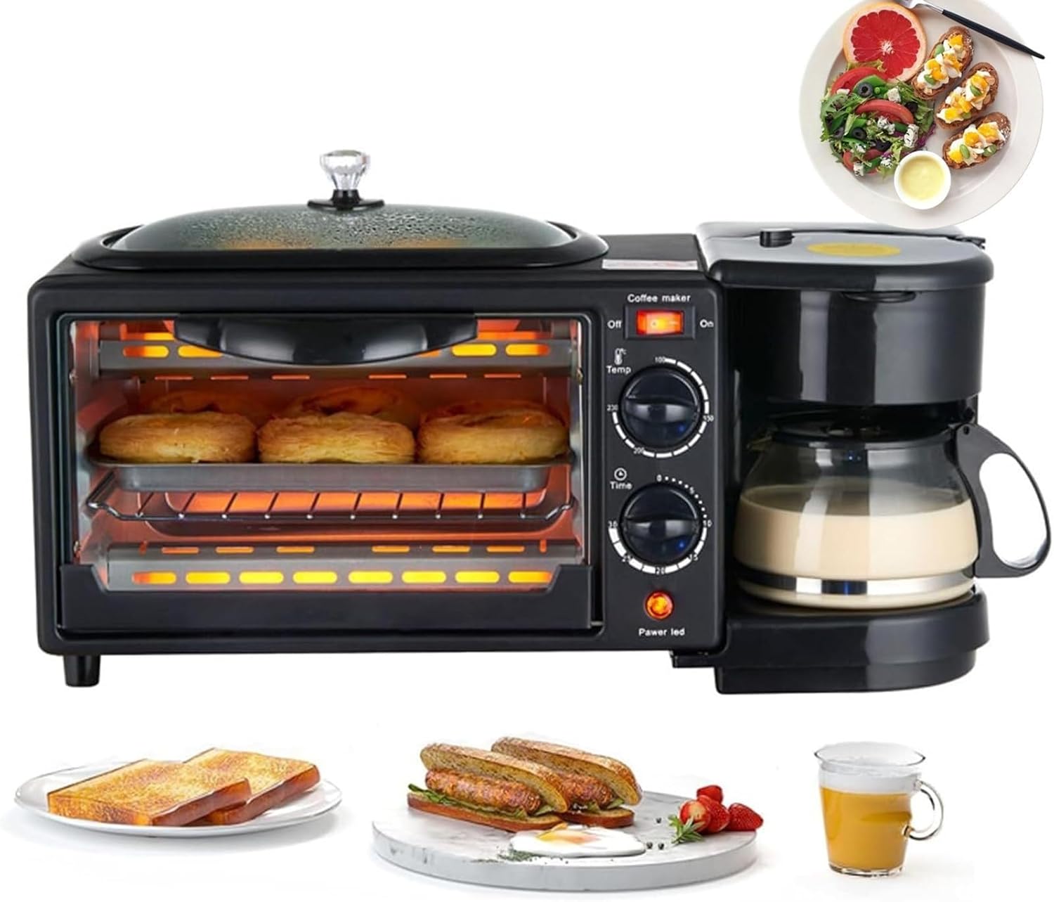 Portable Oven Breakfast Maker, 3-in-1 Breakfast Maker Station with Coffee Machine, Non-Stick Pan, Toaster Oven, 30-Min Timer