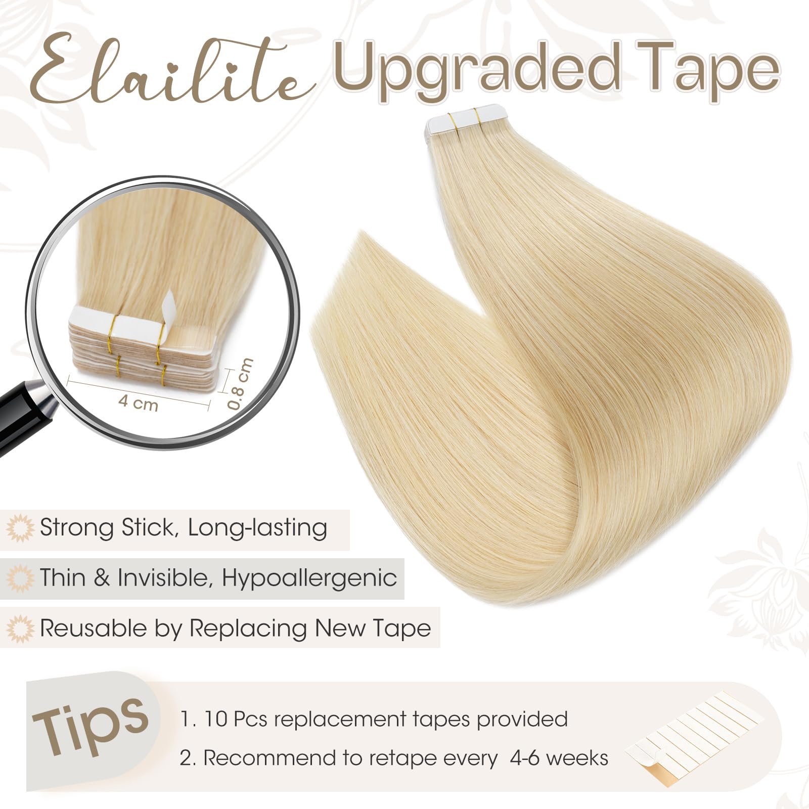 Elailite Tape in Hair Extensions Real Human Hair 20 Pcs 30g Invisible Thin Type - Image 3
