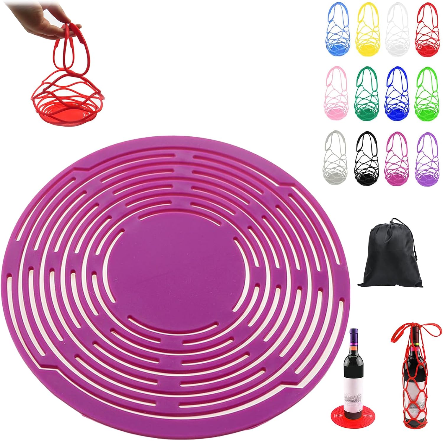 2026 Upgrade Multi-use Silicone Storage Bag Organizer, Silicone Wine Carrier Bag - Handheld Bottle Mesh Coaster & Drink Holder for Wine, Water Bottles, Fruits, Hot Dishes, Stable Placement (L)