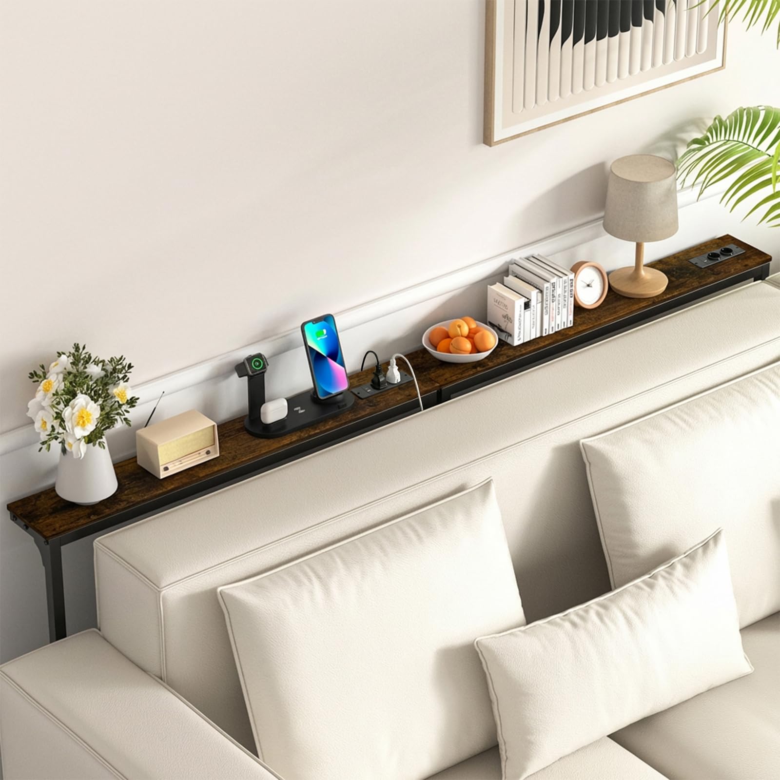 2er Set Konsolentisch schmal mit Steckdose, 8-stufig Höhenverstellbar Sofa Tisch (100x15cm), Schmaler Konsolentisch hinter dem Sofa, Console Table mit USB & Type-C, Couch Regal für Wohnzimmer