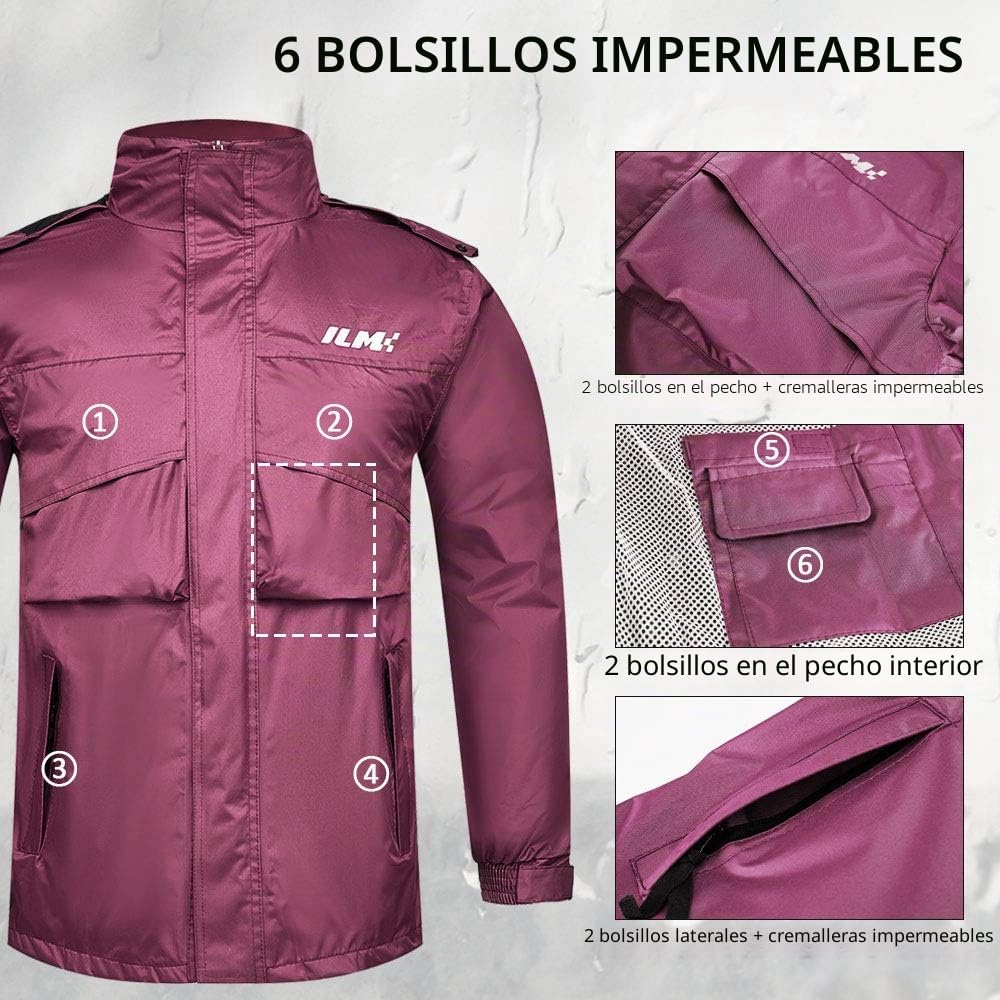 ILM Chubasquero Moto Impermeable Mujer-Traje de Lluvia Resistente al Desgaste, 6 Bolsillos, Juego de 2 Piezas con chaqueta y pantalones