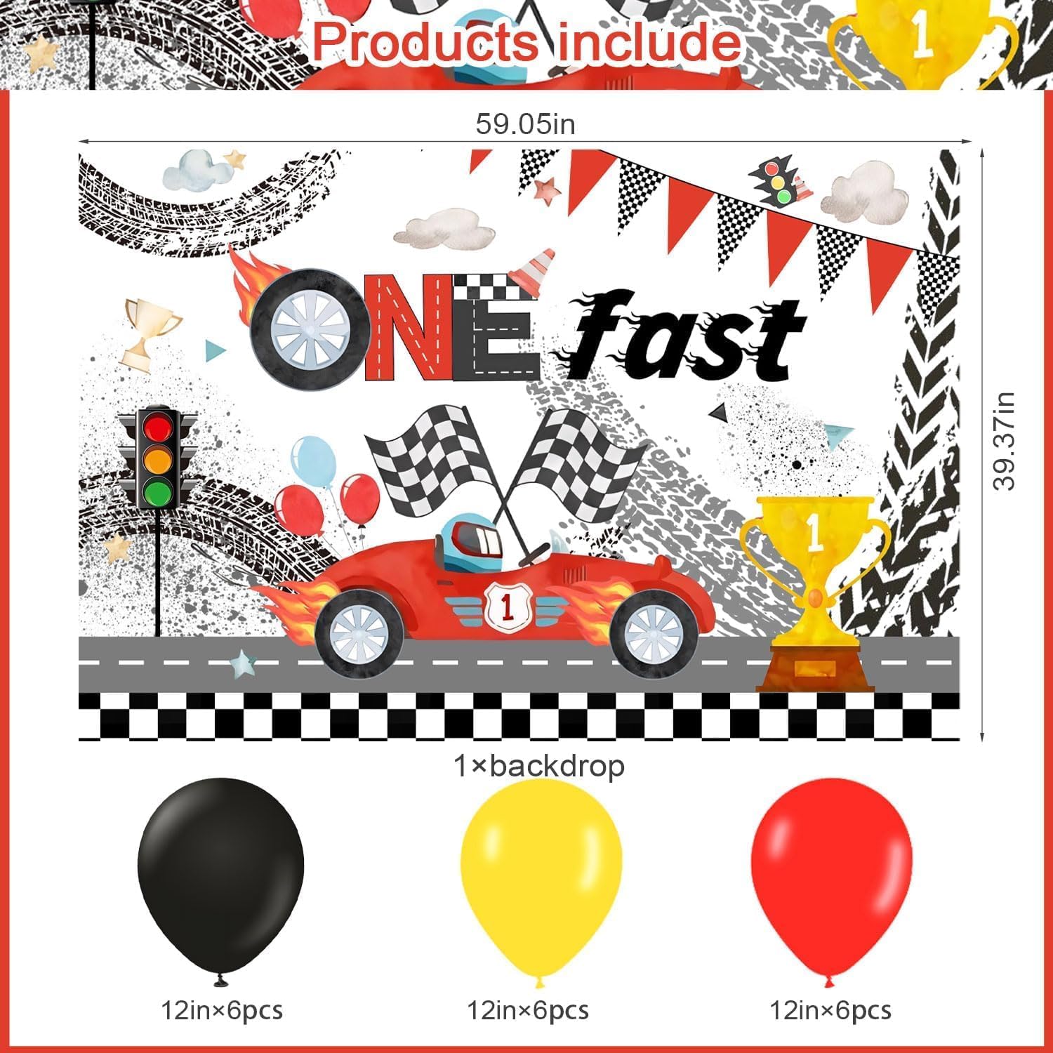 Fast One Birthday Decorations for Boys, Race Car 1st Birthday Party Supplies Banner Balloon Cake Decorations Backdrop Cake Topper Racing Car Theme One-Year-Old Decorations