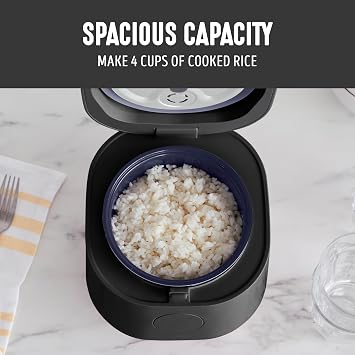 GreenLife Digital Rice Cooker, 2-Cups Uncooked/4-Cups Cooked, Removable Nonstick Ceramic PFAS-Free Pot, One-Touch Presets, Oats, Quinoa, Brown Rice, Auto Keep Warm, Fuzzy Logic Tech, 1.5QT, Black