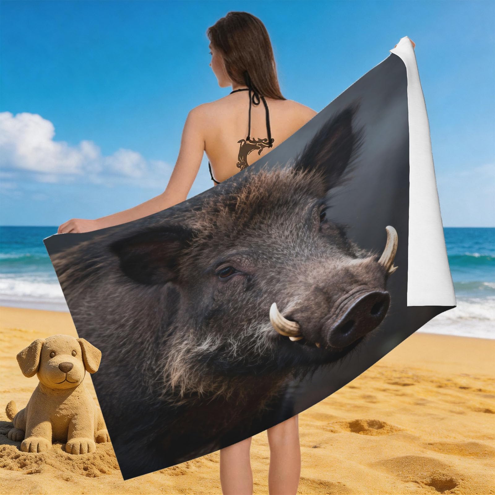 Leichong 3D Wild Boar Beach Towel Microfiber Soft Quick Dry for Adults, Woods Bath Towel Lightweight Soft Absorbent for Travel Swimming Pool Sports, 75 x 150 cm
