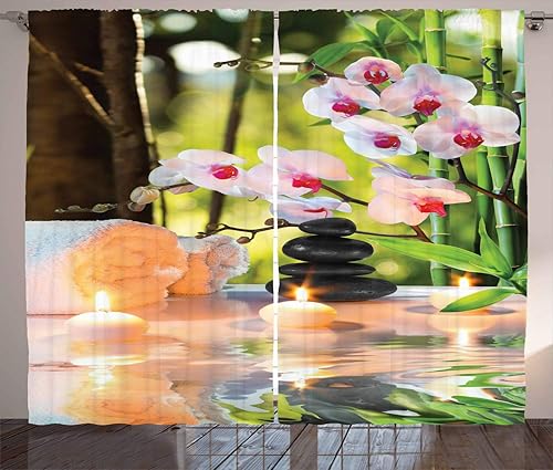 Ambesonne Cortinas de spa, velas temáticas de masaje, orquídeas y piedras en el jardín, oriental japonés, cortinas de ventana para sala de estar,