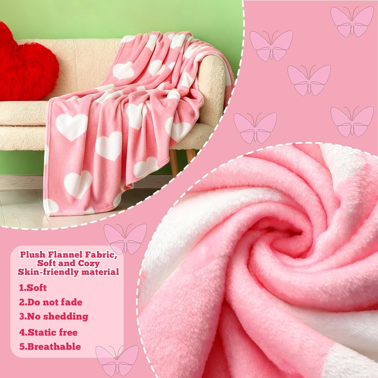 Buryeah 6 Pcs Valentines Pink Heart Blanket 40"x60" Valentine's Day Throw Blanket with Heart Valentine's Day Gifts Pink Flannel Soft Lightweight Aesthetic Plush Room Decor for Sofa Couch Travel Bed - Image 4