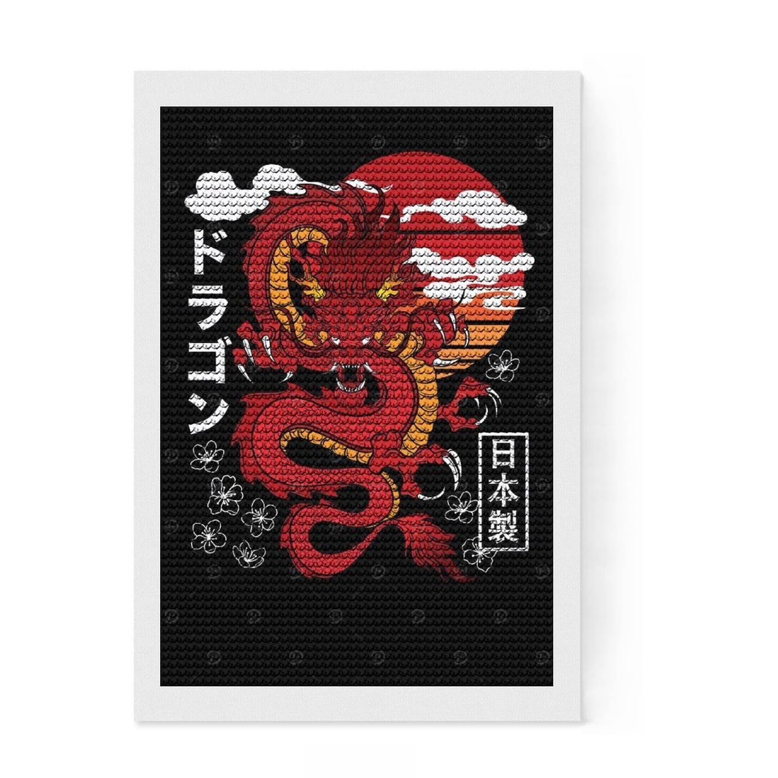 Junmoney Japanese Red Dragon Diamond Art Canvas 8"x12", for Beginners, Easy to Enjoy, Cosy Home Accent, Christmas Gift, Enjoyable At-Home Hobby