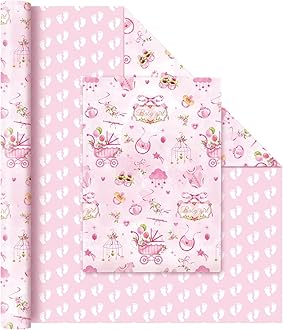 WERNNSAI Baby Girl Wrapping Paper - 1 Roll 17” x 33 ft Baby Shower Wrapping Paper for Girls Kids Birthday Party Decor Favor Pink Girl Baby Shower Design Reversible Footprint Print