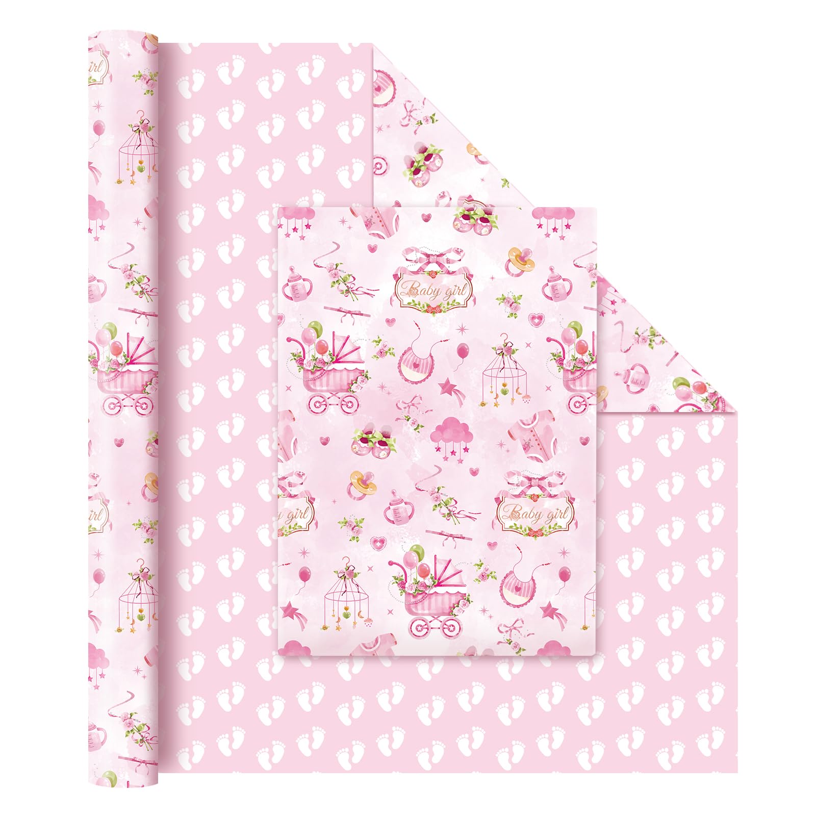 WERNNSAI Baby Girl Wrapping Paper - 1 Roll 17” x 33 ft Baby Shower Wrapping Paper for Girls Kids Birthday Party Decor Favor Pink Girl Baby Shower Design Reversible Footprint Print