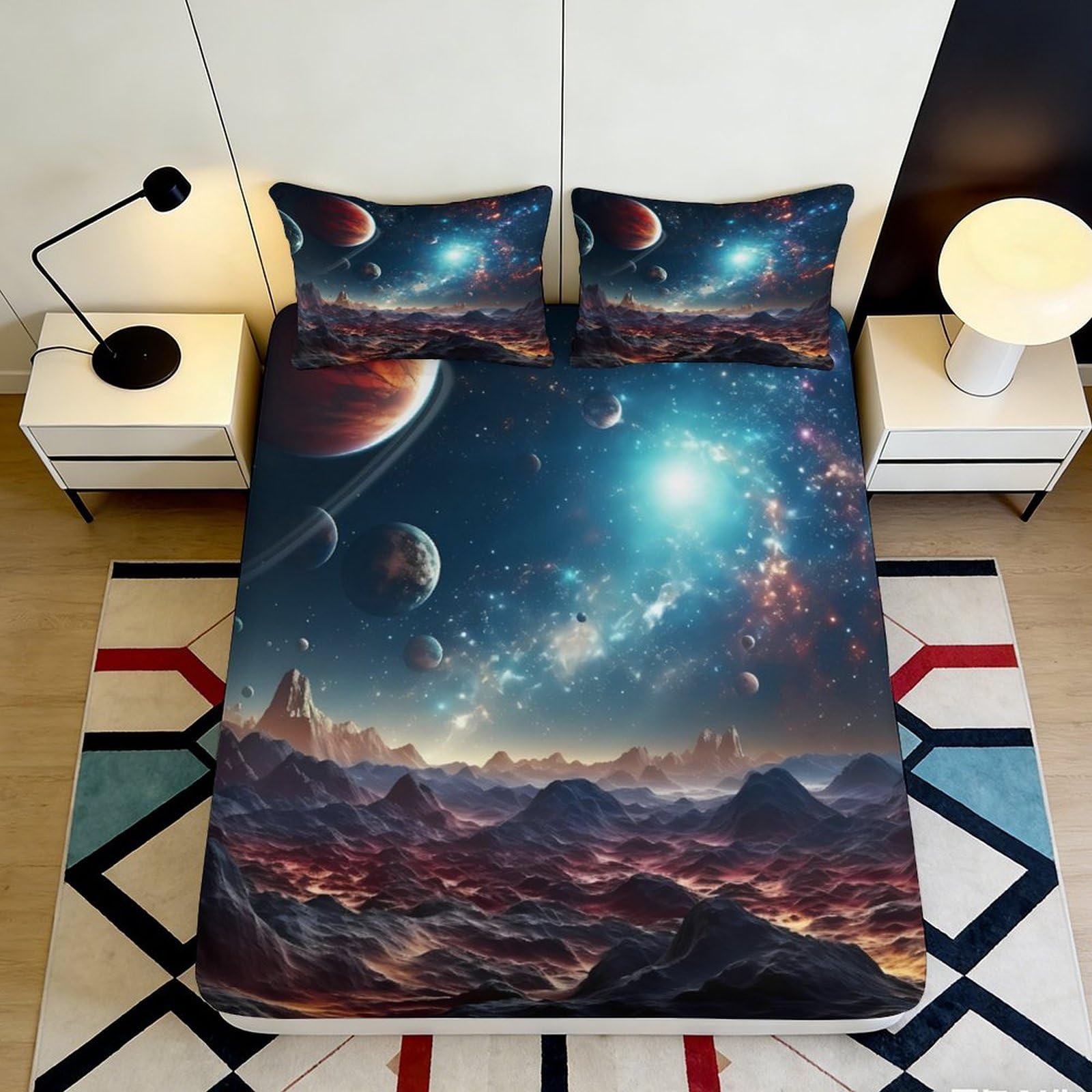 3D Printed Galaxy Starry Sky Fitted Sheet Microfiber Easy Care Cosmic Nebula Mattress Cover for Bedroom Decor 90x200x25cm