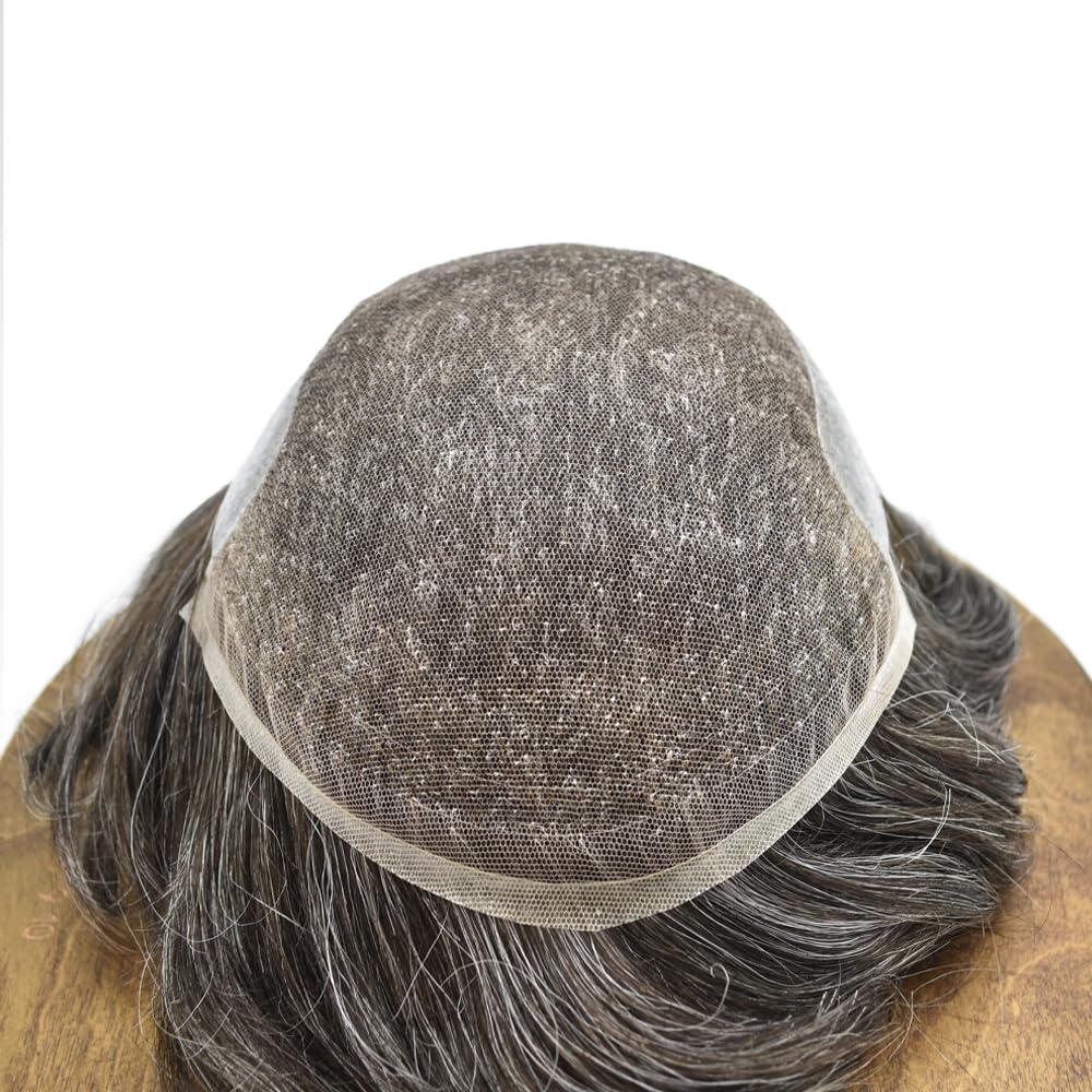 Toupee For Men Hair System French Lace Mens Toupee Real Human Hair System For Men Lace Front Mens Hair Piece Bleched Knot Natural Hairline7x9 light to Medium density#230 2# DARKEST BROWN+30% GREY