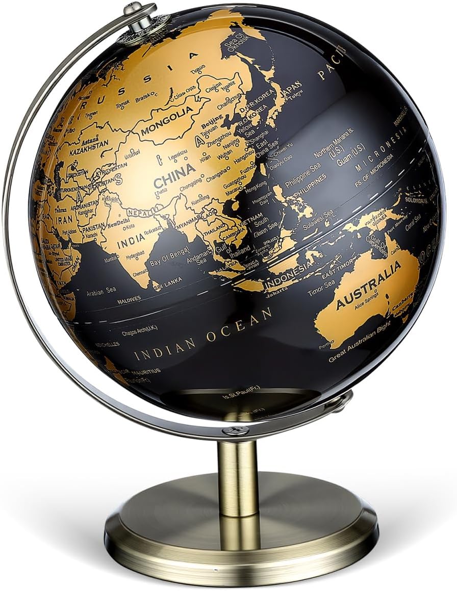 DECHOUS European Style Desktop Globe Rotating Antique Earth Globe with Black Gold and Bronze Stand Elegant Desk Table Decor for Home and Office