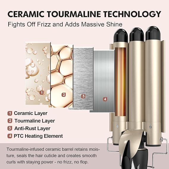 Mermaid Hair Waver 32MM for Loose Beachy Waves, AIMERVO 3 Barrel Curling Iron 1.25, 14 Heat Settings up to 210°C Work on All Hair Types, Tourmaline Ceramic Coating, Heats up in 30S,Long&Medium length