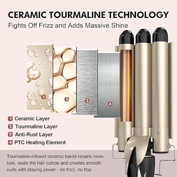 Mermaid Hair Waver 32MM for Loose Beachy Waves, AIMERVO 3 Barrel Curling Iron 1.25, 14 Heat Settings up to 210°C Work on All Hair Types, Tourmaline Ceramic Coating, Heats up in 30S,Long&Medium length