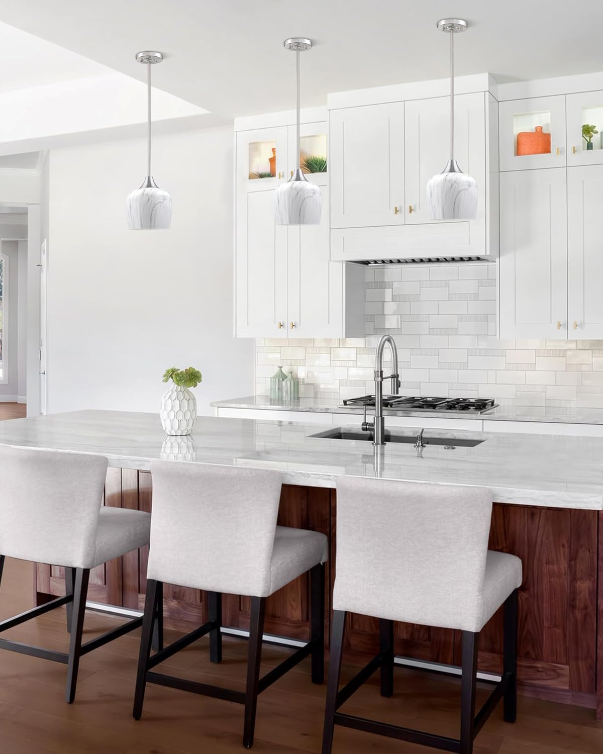 Leading Lighting 3 Pack 1 Light Indoor Hanging Kitchen Island 6.1" Painting Glass Pendant Light Fixtures,Brushed Nickel Finish Modern Farmhouse Dinning Over Sink