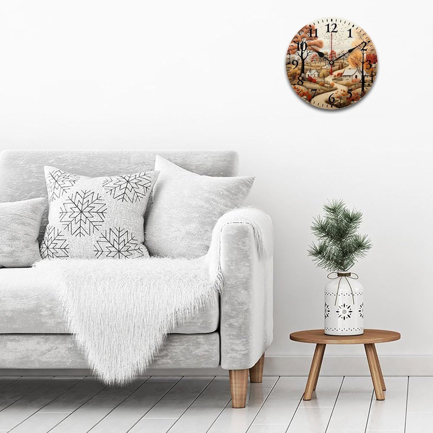 Wooden Wall Clock Landscape Countryside Autumn Fall Round Rustic Wood Wall Clock Silent Non Ticking Seasonal Autumn Harvest Vintage Thanksgiving Clock 16 Inch Home Office School