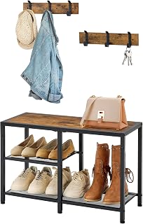 Gewudraw Coat Shoe Rack Bench Entryway - 3-in-1 Entry Bench Seat with Shoe Storage with Coat Hooks Wood Benches Metal Frame Small Shoes Shelf With Boots Organizer for Hallway Mudroom Bedroom