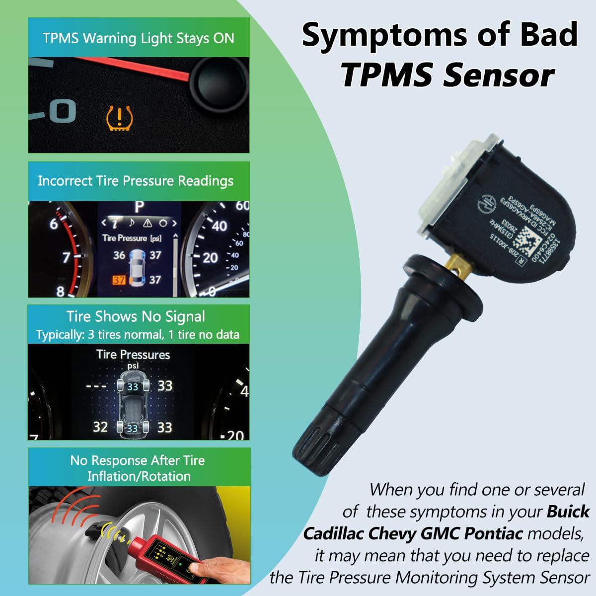 Set of 4 Tire Pressure Monitoring System Sensor 315MHz GM TPMS Sensors Compatible with Chevy Express Equinox Traverse GMC Savana Acadia Buick Endave Replaces OE# 13586335 13598771