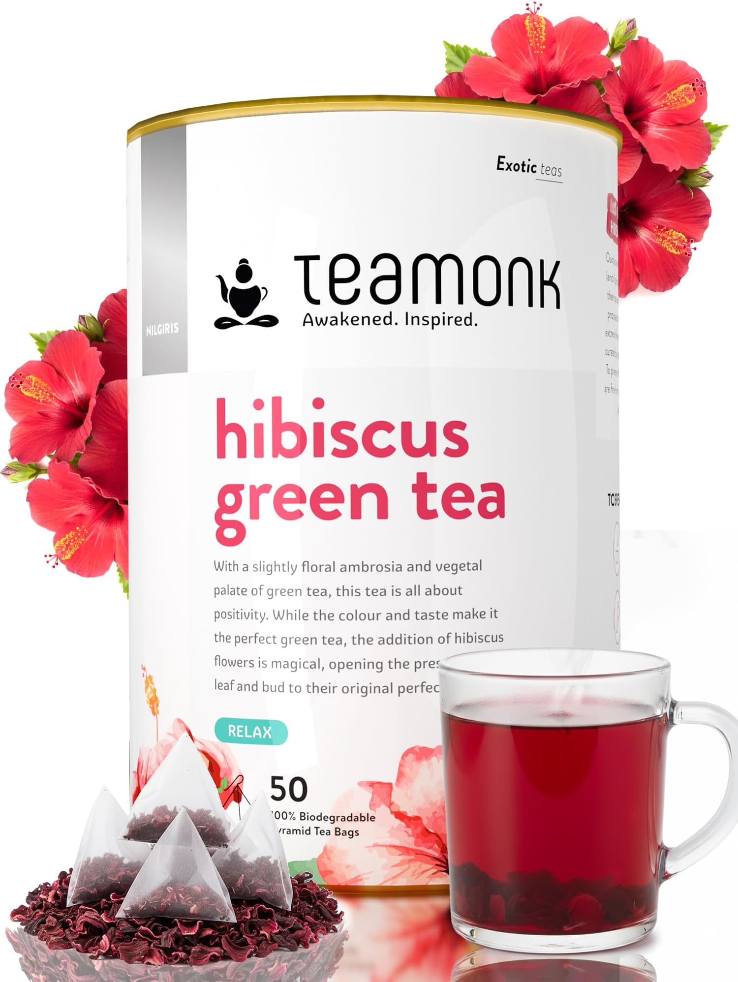 - Teamonk High Mountain Hibiscus Green Tea - 50 Biodegradable Pyramid Tea Bags | Belly Fat Detox Brew to Support Weight Loss & Blood Pressure | Enhances Health with Natural Antioxidants | Nilgiris Tea