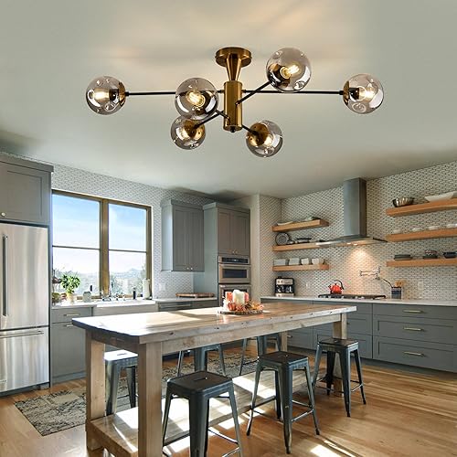 Miniatura 6 de FGSADI Lámpara de techo moderna semiempotrada de 6 luces Sputnik dorada con globo de vidrio de mediados de siglo para comedor, cocina, dormitorio,