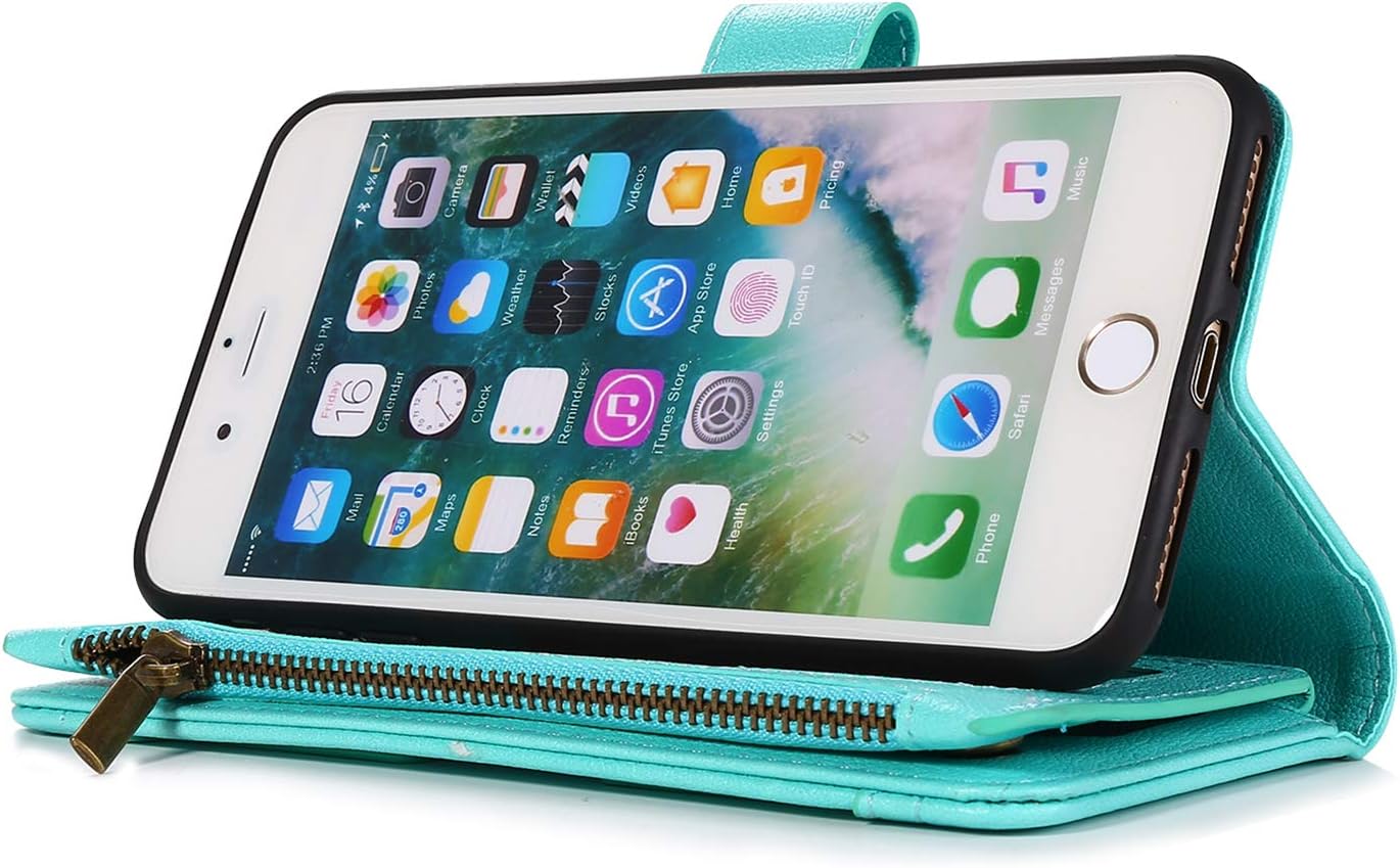 QLTYPRI Case for iPhone 7 Plus 8 Plus, Premium Leather Wallet Case Card Holder Kickstand Wrist Strap Magnetic Closure Large Capacity Zipper Purse for iPhone 7 Plus 8 Plus - Green