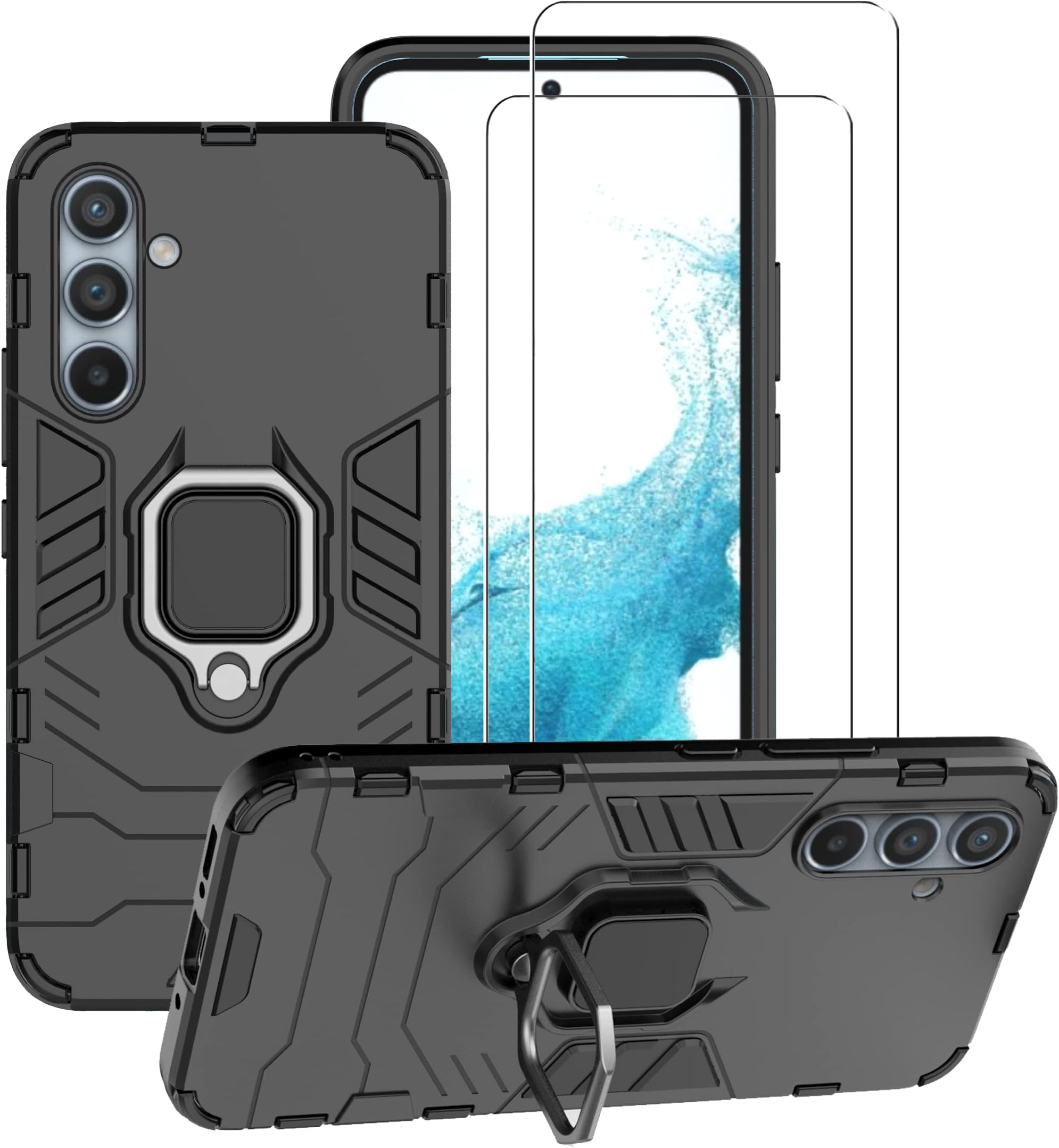 ZMONE Phone Case for Samsung Galaxy A54 5G Case with Glass Screen Protector [2 Pack] Heavy Duty Dual Layer Military Grade Shockproof Protective Cover with Magnetic Ring Kickstand - Black
