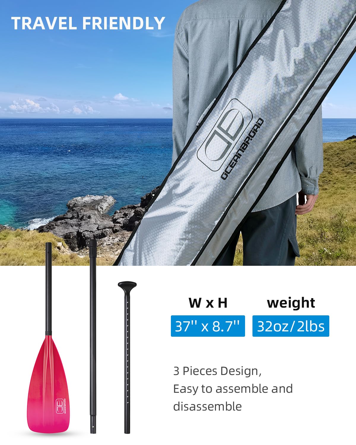 OCEANBROAD SUP Paddle - Pala de pie ajustable para kayak de paddleboard, eje de aleación de aluminio ajustable con cuchillas de nailon reforzadas