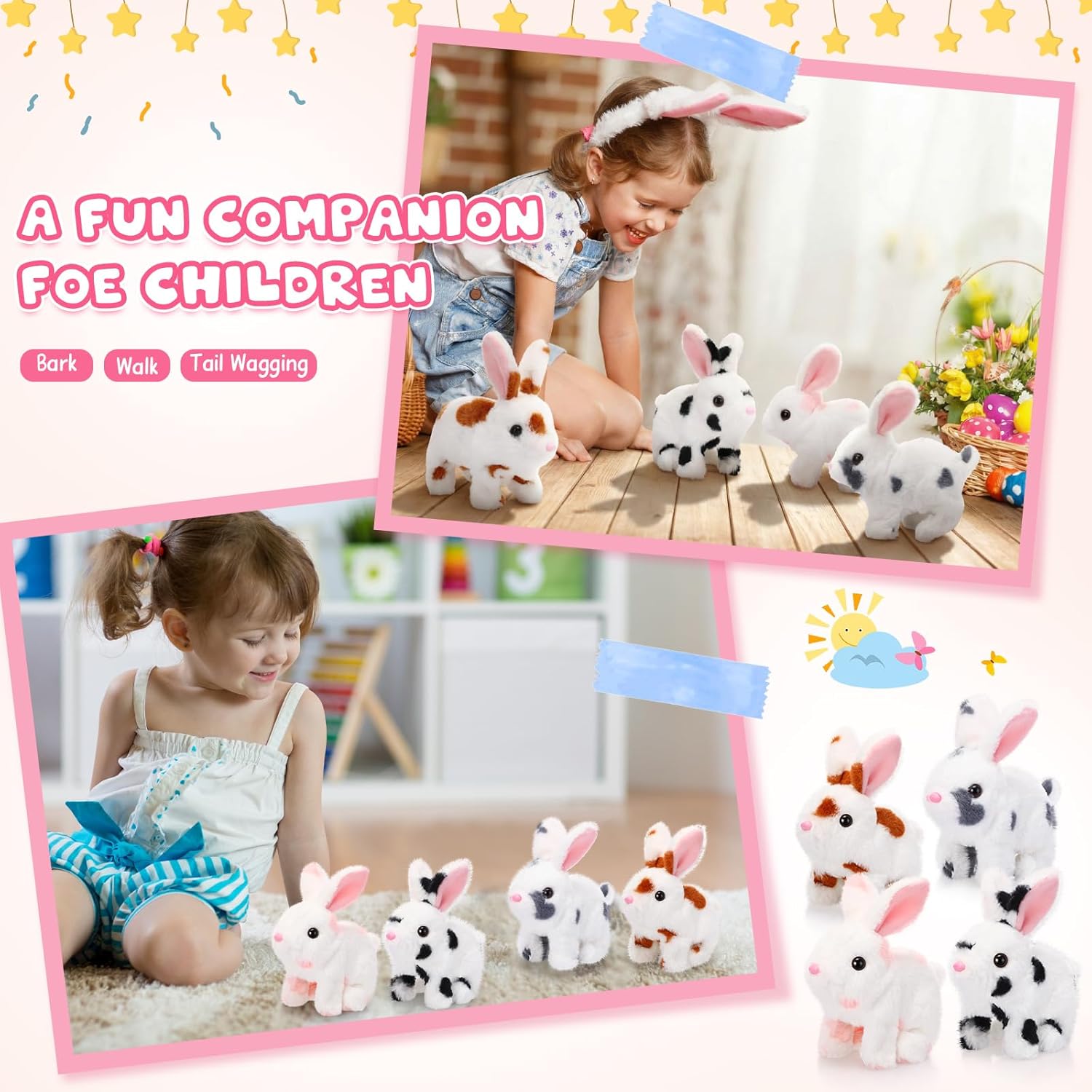Halloscume 4 Pcs Interactive Bunny Toys for Kids 7 Easter Realistic Hopping Rabbit Plush Stuffed Electronic Walking Barking and Wagging Tail Bunny Toys for Birthday Easter Gift(Spotted Rabbit)