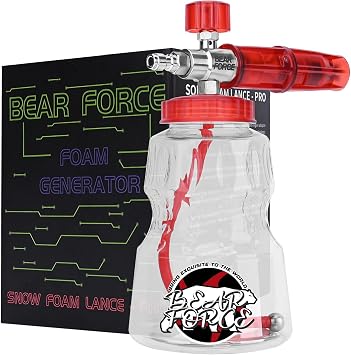 BEAR FORCE Foam Cannon Wide Mouth for Pressure Washer, Stainless Steel Heavy Duty Thick Snow Foam Lance, 360 Adjustable Soap Sprayer 1/4" Quick Connector, 1.10mm 1.25mm Orifice, 32oz Bottle, Car Wash