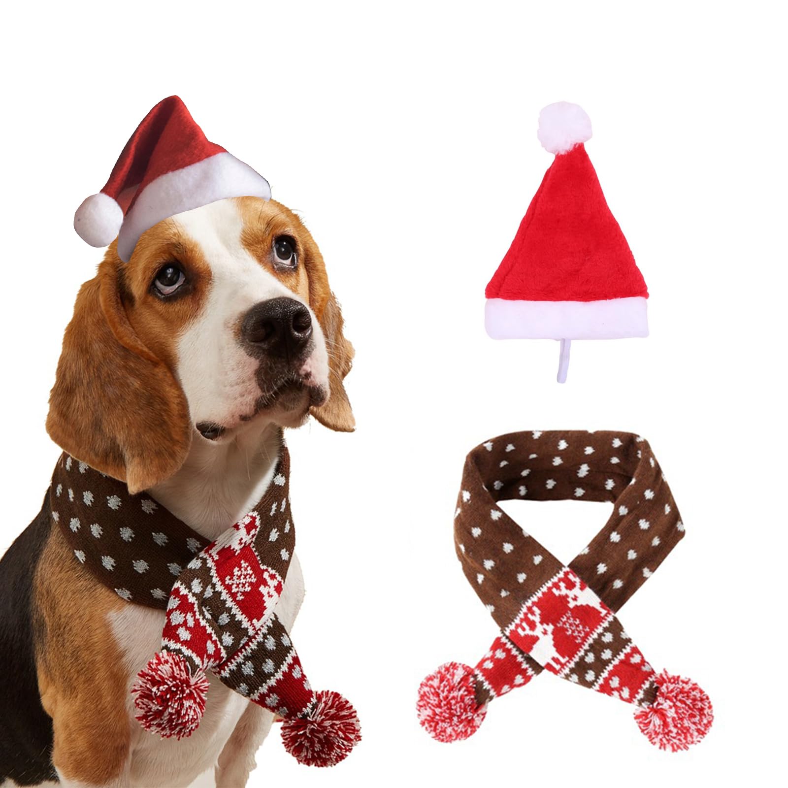 Yicoovey Christmas Pet Costume Set (Size L) - 2-Piece Reindeer Knitted Scarf & Santa Hat in Red/White, Soft Winter Outfit for Dogs/Cats, Festive Accessories & Photo Decoration
