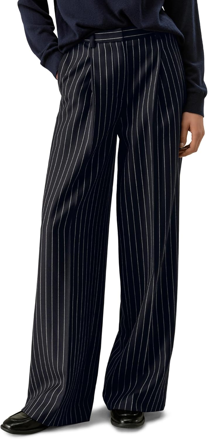 LilySilk Silk Cashmere Blends Women Trousers Ladies Work Pants Wide Leg Pants for Women Business Casual Navy White Pinstripe