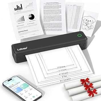 Labeer Portable Thermal Printer, Wireless Bluetooth Inkless Printer Black | Supports Letter A4 A5 Paper, Mobile Printing for iPhone Android Laptop PC, Compact Printer for Travel Home Office Students