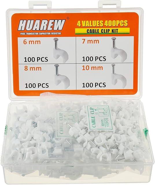 HUAREW 4 Sizes 400 Pcs White Plastic Steel Nail Cable Clips Apply to RG6 RG59 CAT5 CAT6 Ethernet/TV Wire/Telephone/Led Starlight/Print Cable Round Management Cable Wire Clips 6/7/8/10 mm