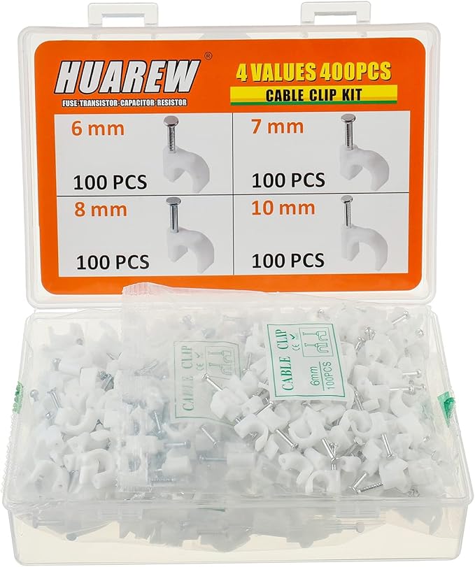 HUAREW 4 Sizes 400 Pcs White Plastic Steel Nail Cable Clips
